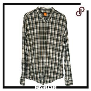 Boss Hugo Boss Men's Plaid Long Sleeve Button Down Shirt Gray Tan‎ Size Large